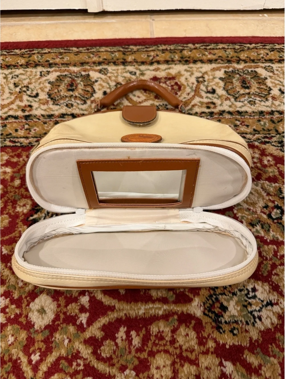 Dooney & Bourke Vintage Cream and Brown Leather Cosmetic Bag